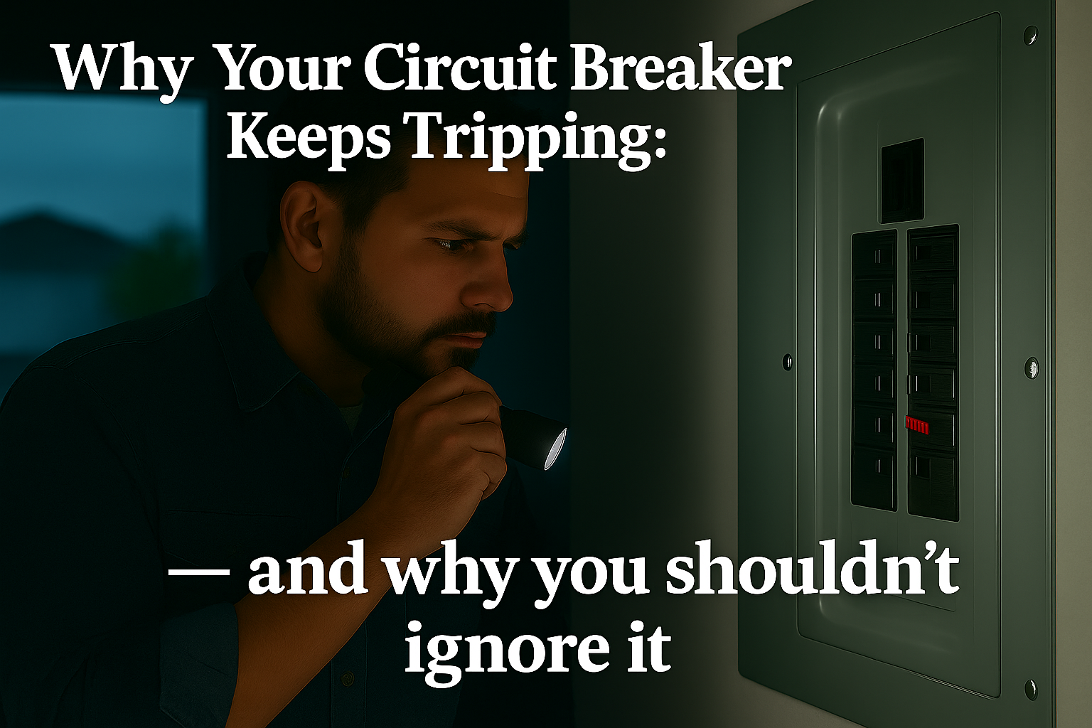 Why Your Circuit Breaker Keeps Tripping: The Warning Signs Halifax Homeowners Can’t Afford to Ignore Halifax homeowner with flashlight inspecting tripped breaker with blog post title overlay