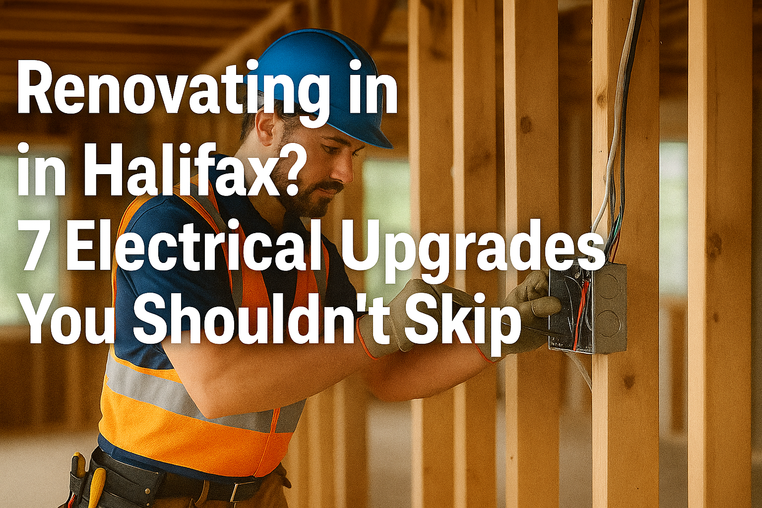 Licensed electrician working on a Halifax home during renovation, installing wiring into an electrical box.