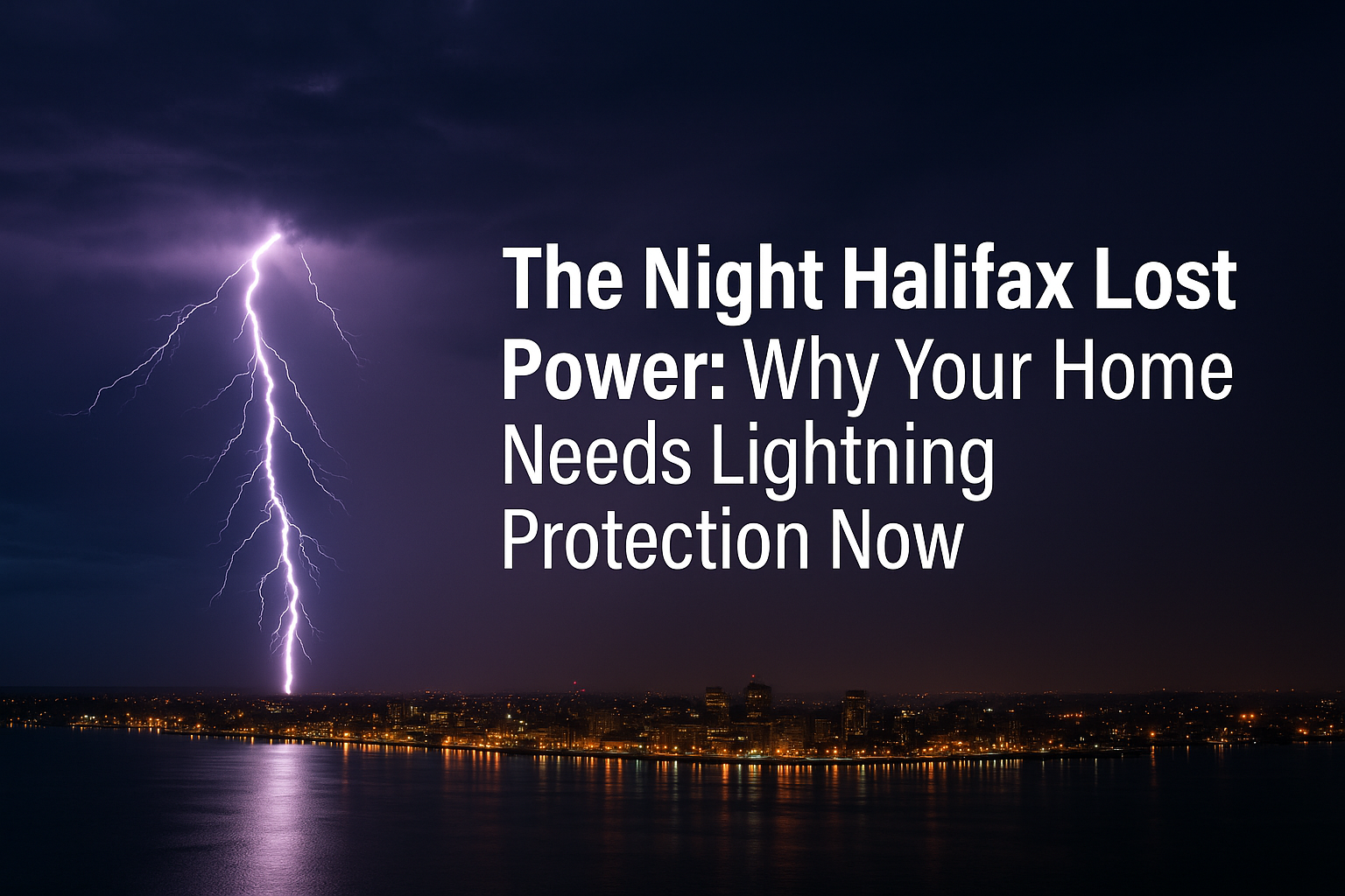 Lightning striking over Halifax Harbour at night with city skyline lit below and article title overlaid: 'The Night Halifax Lost Power: Why Your Home Needs Lightning Protection Now'.