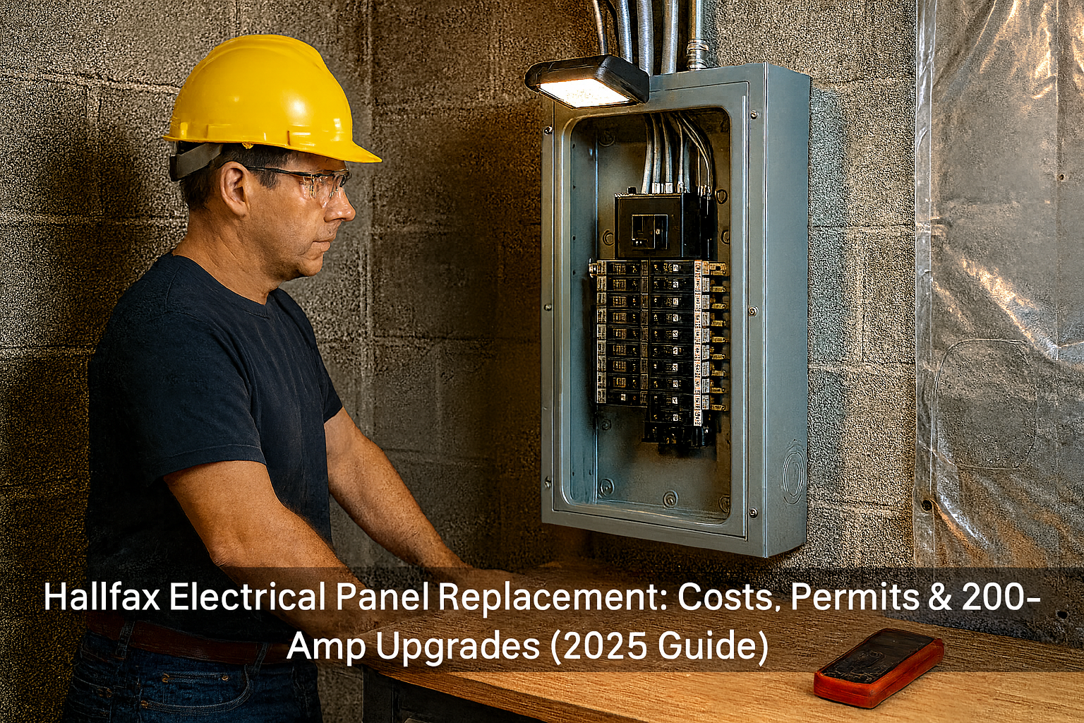 Modern electrical panel installation in a Halifax home basement with a licensed electrician working on a 200-amp Square D/Siemens panel under bright LED work lighting.